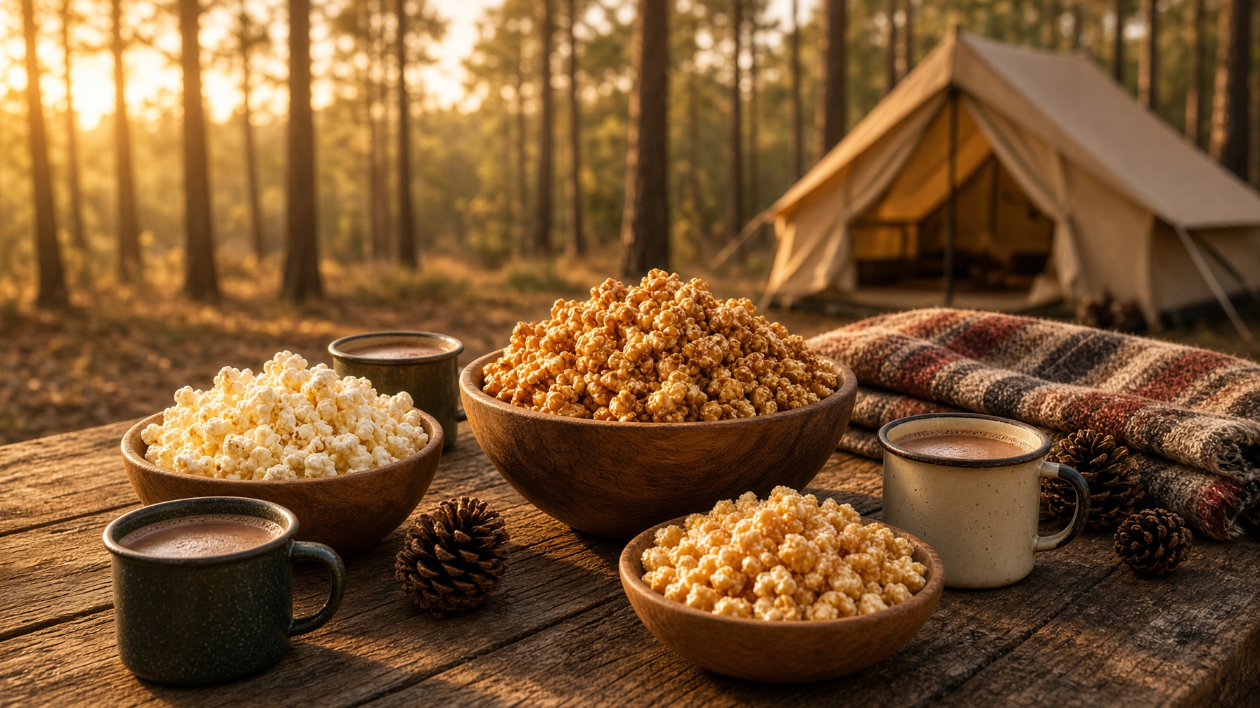 Bowls of caramel corn, cheddar popcorn, and kettle corn on a camp table at golden hour